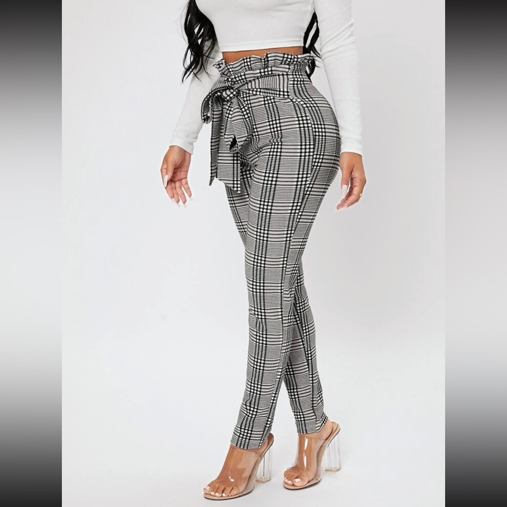 Plaid Print Paperbag Waist Knot Front Pants